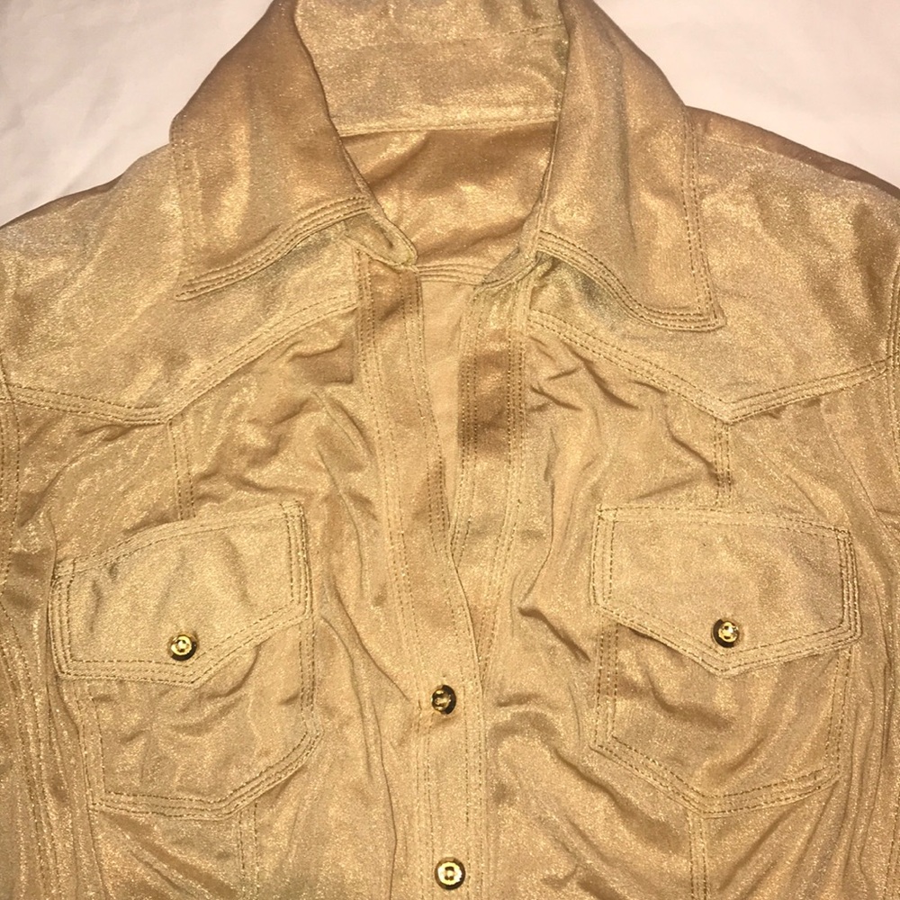 Gold metallic jersey stretch shirt gold top stitch - Picture 2 of 4
